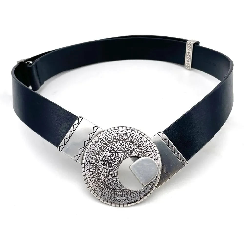 Chico’s Black Genuine Leather Belt SM Silver Round Medallion Buckle Boho Tribal
